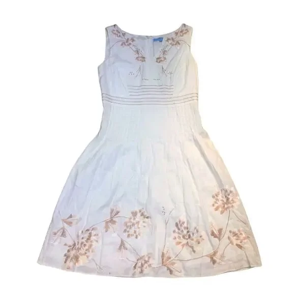 Antonio Melani Linen Sleeveless Floral Beige Cream Tan Shift Dress 6 Embroidery - Picture 1 of 14